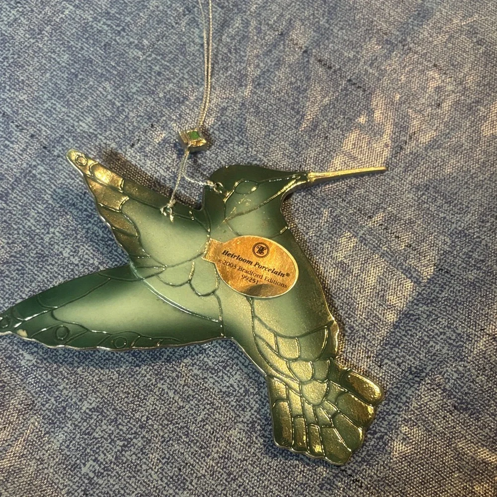 Green and Yellow Hummingbird Ornament Heirloom porcelain.